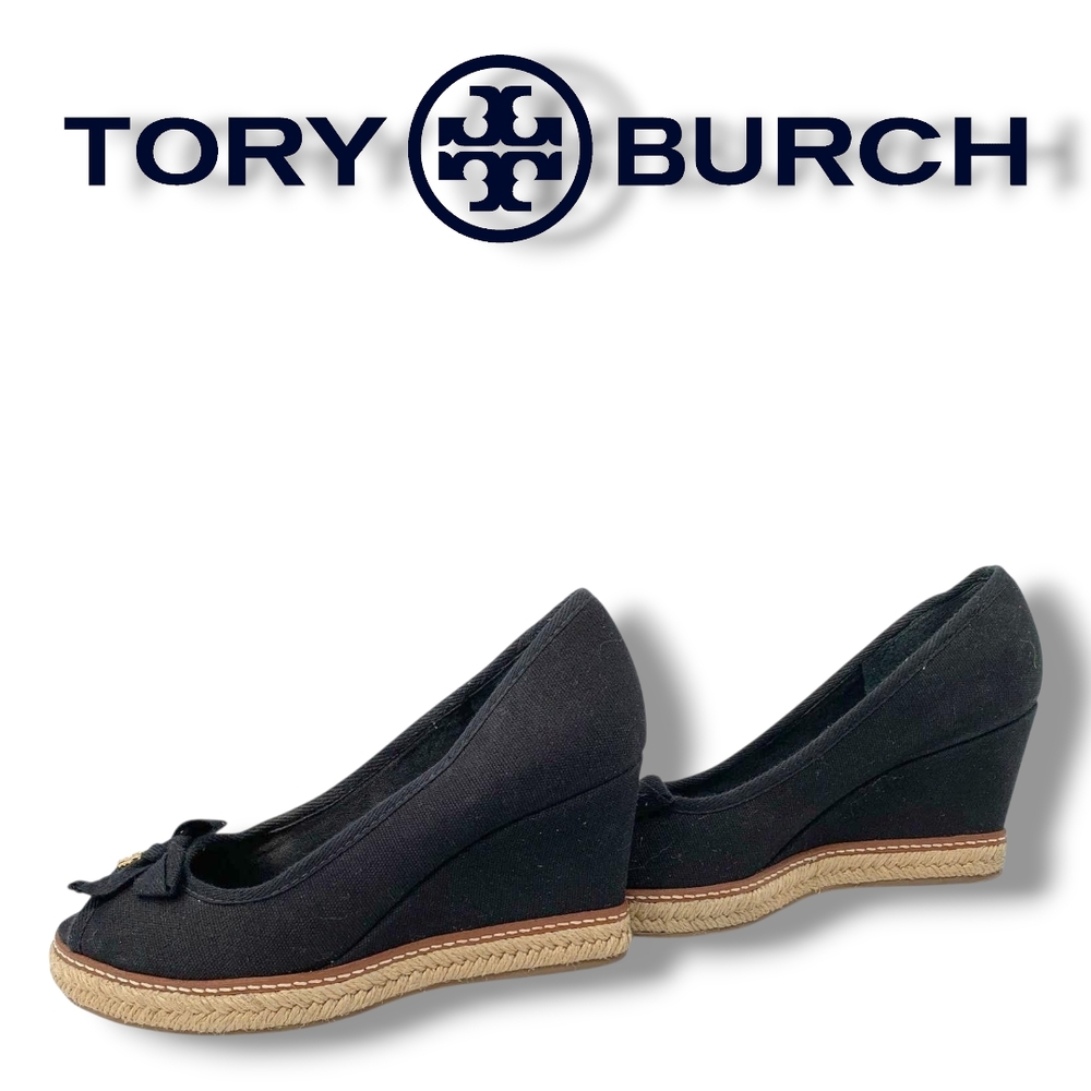 Tory Burch Black Canvas Jackie Espadrille Wedge Peep Toe Pumps Women's Size 8 - Picture 5 of 12